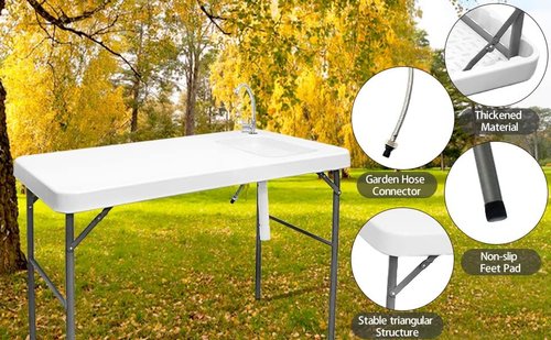 HiEthan Folding Outdoor Camping Sink Station with Hose Hook Up, Heavy Duty Fillet Table with Faucet for Dock Beach Patio Picnic