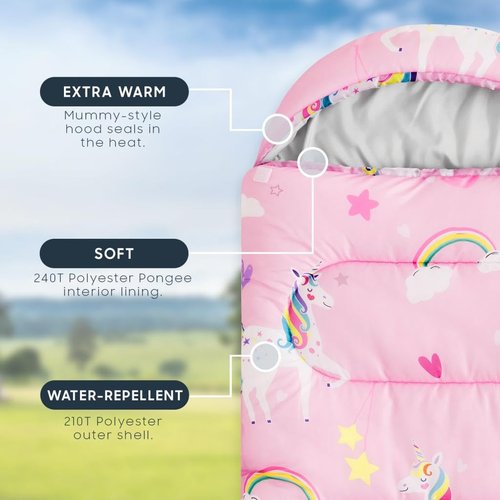 Wake In Cloud - Kids Sleeping Bag for Girls Toddlers, Camping in Warm Cold Weather, Backpacking Lightweight Compact Outdoor Liner for 3 Seasons Summer Spring Fall, Unicorn Rainbow Pink