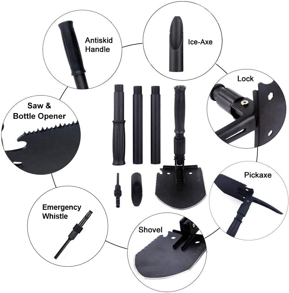 iunio Camping Shovel,Shovel Folding, Portable, Multitool, Foldable Entrenching Tool, Collapsible Spade, for Backpacking, Trenching, Hiking, Survival, Car Emergency