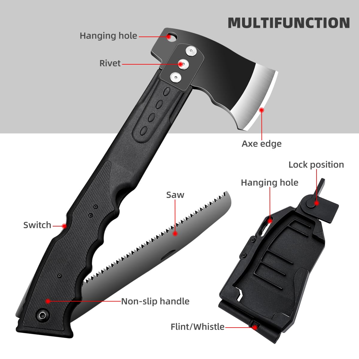 Multifunctional Hammer Head Axe Survival Tactical Tool - Folding Saw, Flintstone Whistle with Axe Sheath - Camping Hatchet for Outdoor Hiking