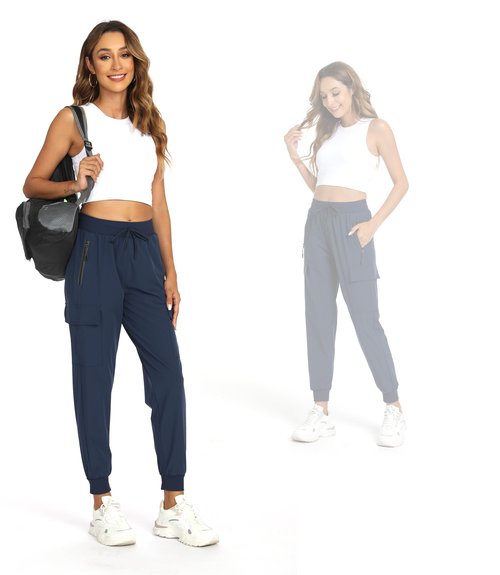 Womens Cargo Pants with Pocket Quick Dry Workout Athletic Joggers Drawstring Travel Casual Outdoor Camping Hiking Pants(Navy Blue M)