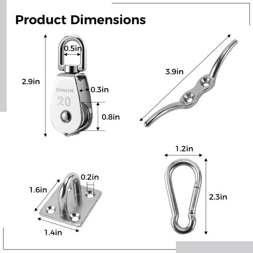 Pulley System Kit with 2 Single Sheave Blocks, Stainless Steel 20 mm Rope Pulleys, Heavy Duty Mounting Plates, Carabiners and 50ft Rope, Flag Pole Lifting System