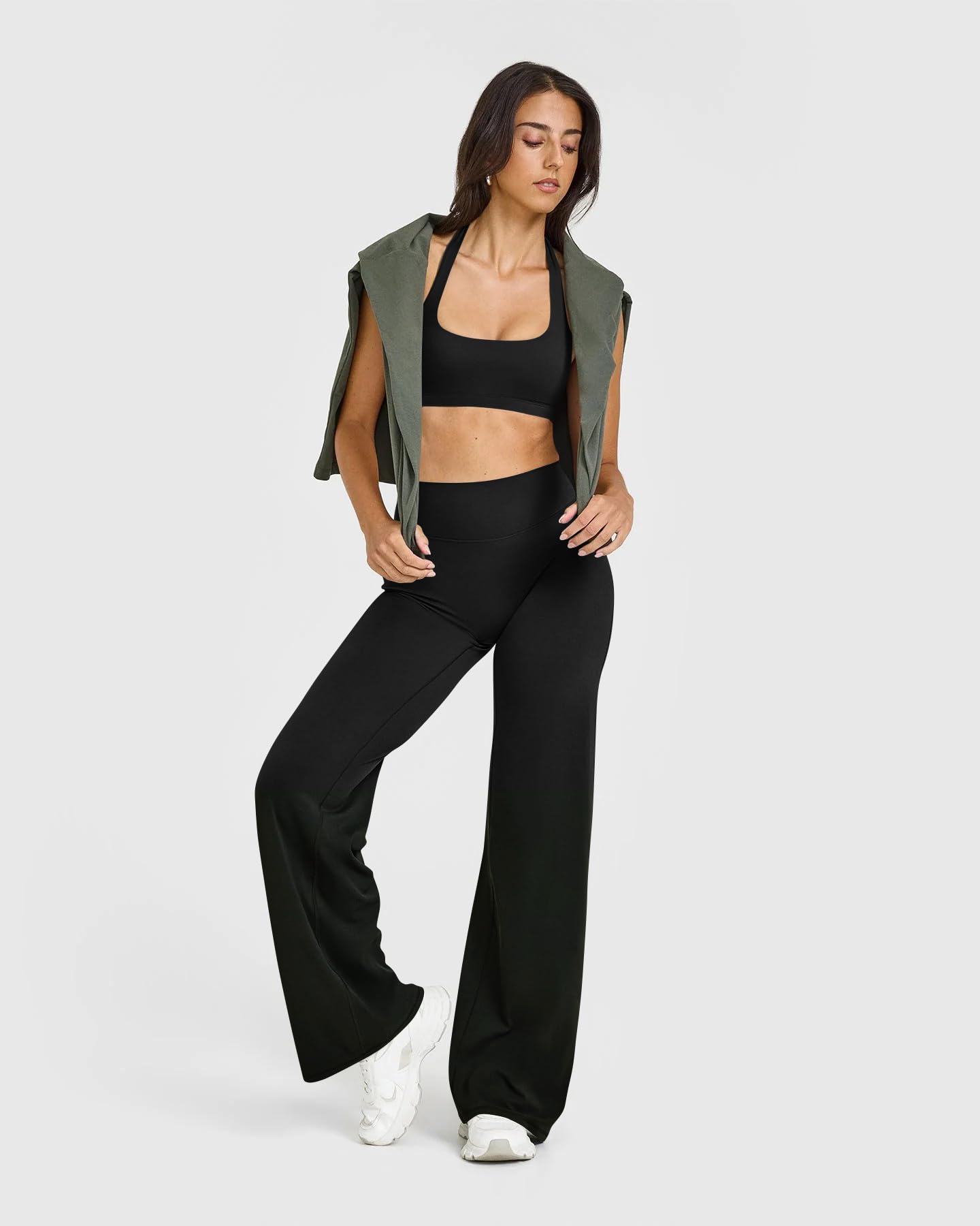 OQQ Yoga Pants Women High Waist Stretch Casual Soft Straight Leg Bottoms Black Long