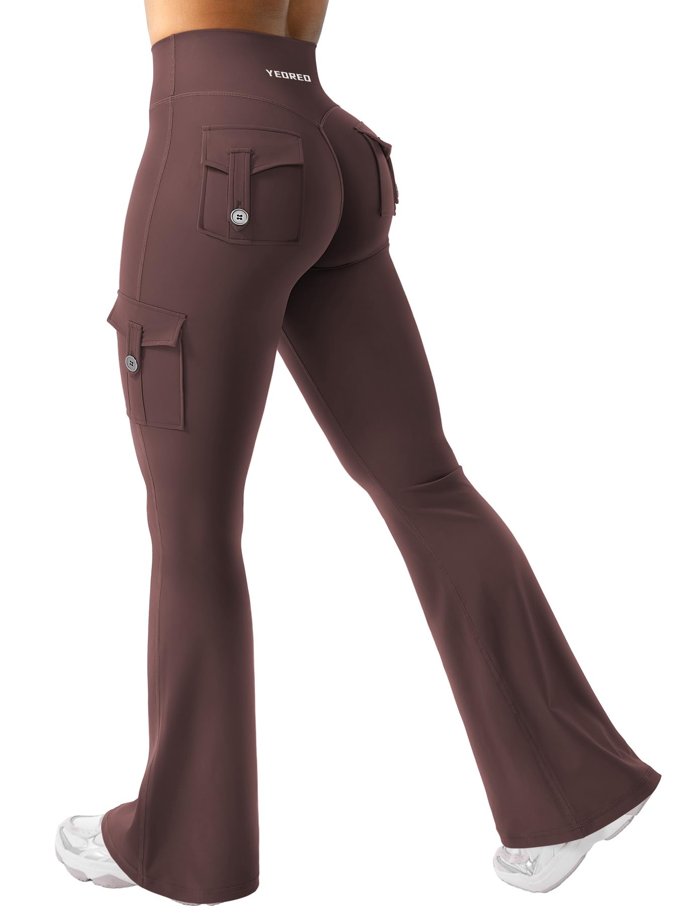 YEOREO CoreFlex Women Workout Flare Leggings with Pockets Hidden Scrunch Cargo Gym Yoga No Front Seam Leggings Brown XXL