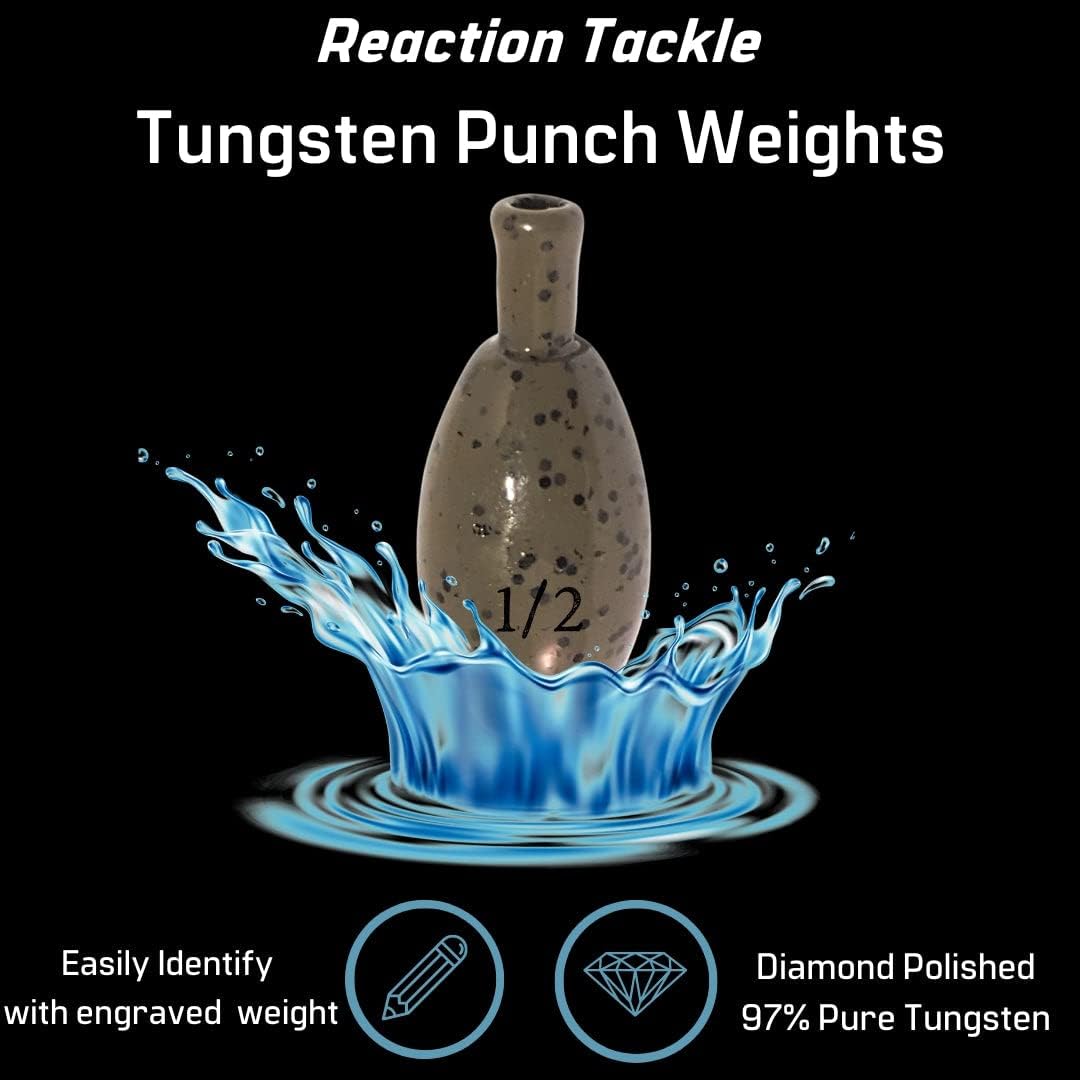Reaction Tackle Tungsten Punch Weights/Tungsten Fishing Weights for Heavy Cover Penetration Designed for Punch Rig Used for Bass Fishing and Other Fish Size Stamped on All Weights