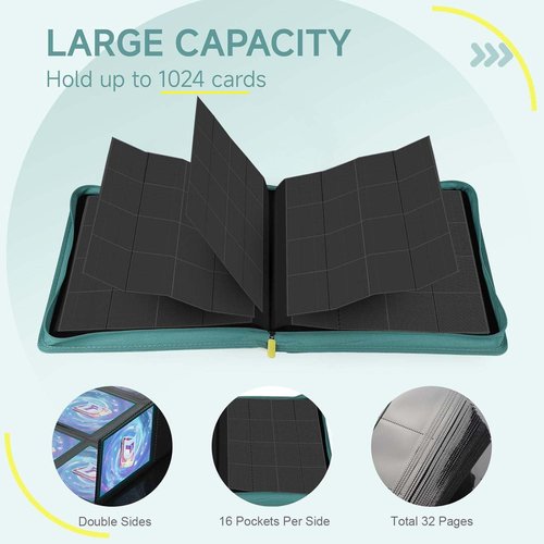 Deoyibu Card Binder with 1024 Cards,16 Pocket Trading Card Binder Includes 32 Page Storage Sleeves,Collection Card Album,Card Holder to Organize and Protect Cards,Green