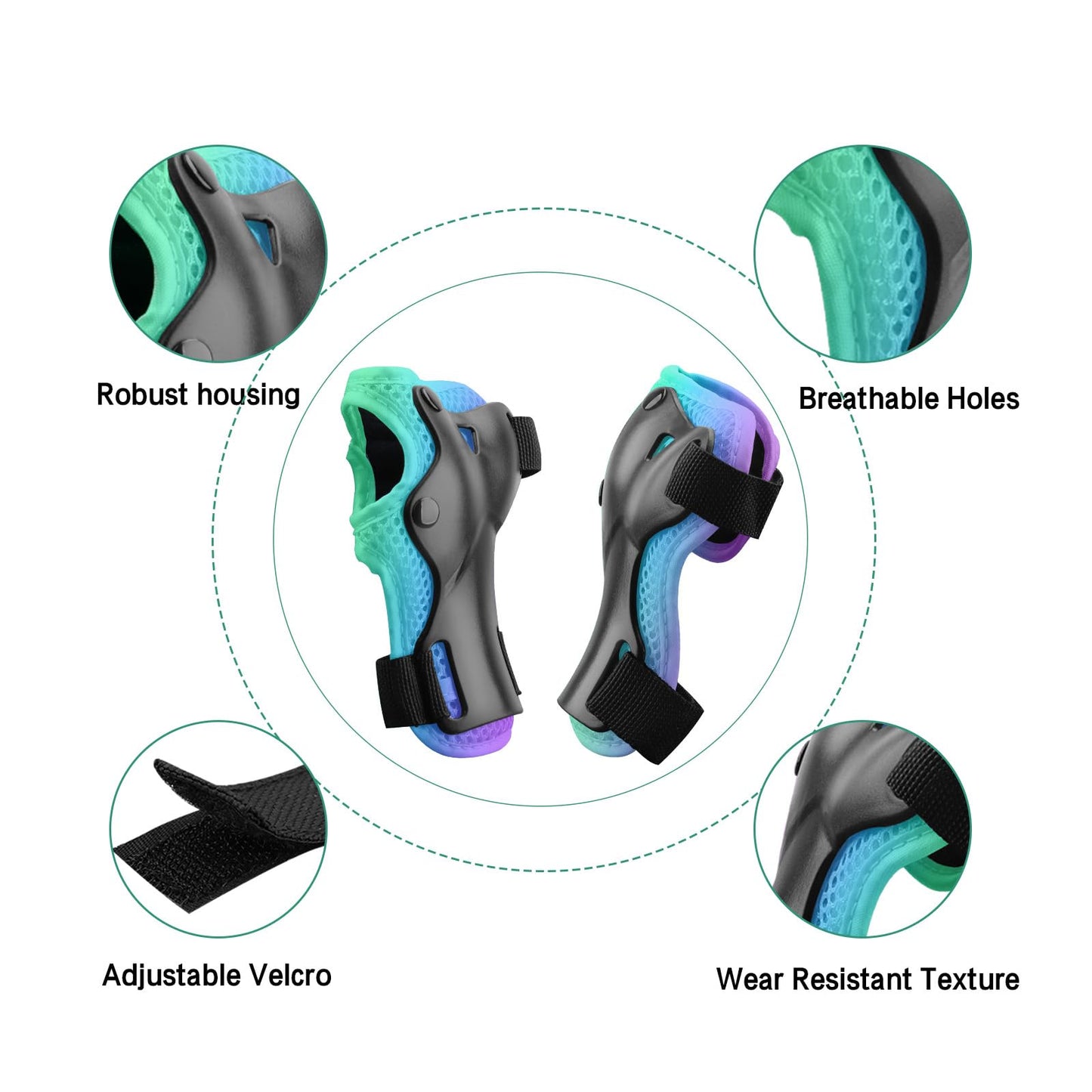 Kids Protective Gear Set Knee Pads for Kids 3-14 Years Toddler Knee and Elbow Pads with Wrist Guards 3 in 1 for Skating Cycling Bike,Biking, Roller Skates, Scooters (Green Blue Purple, M(8-14Years))