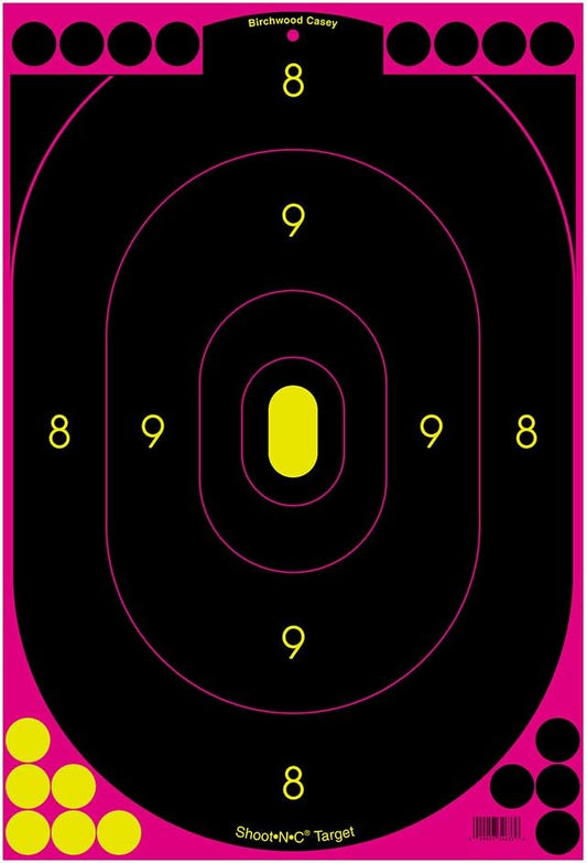 BIRCHWOOD CASEY Shoot-N-C 12" x 18" Bull's-Eye Oval Pink Silhouette Reactive Targets - Highly Visible Instant Feedback Self-Adhesive Shooting Target Stickers with Repair Pasters