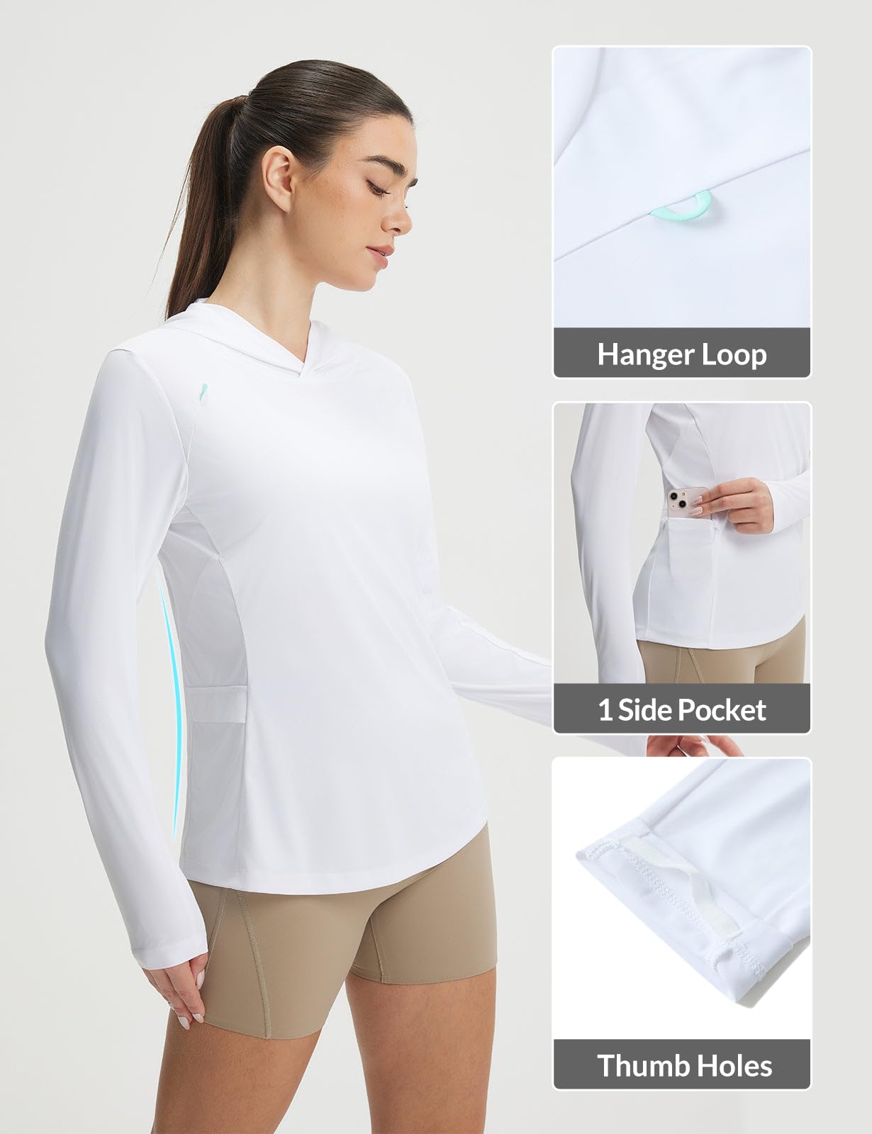 baleaf Women's Sun Shirts UPF 50+ UV Shirt Mesh Back Lightweight Long Sleeve Tops Breathable SPF Hoodie for Hiking White M
