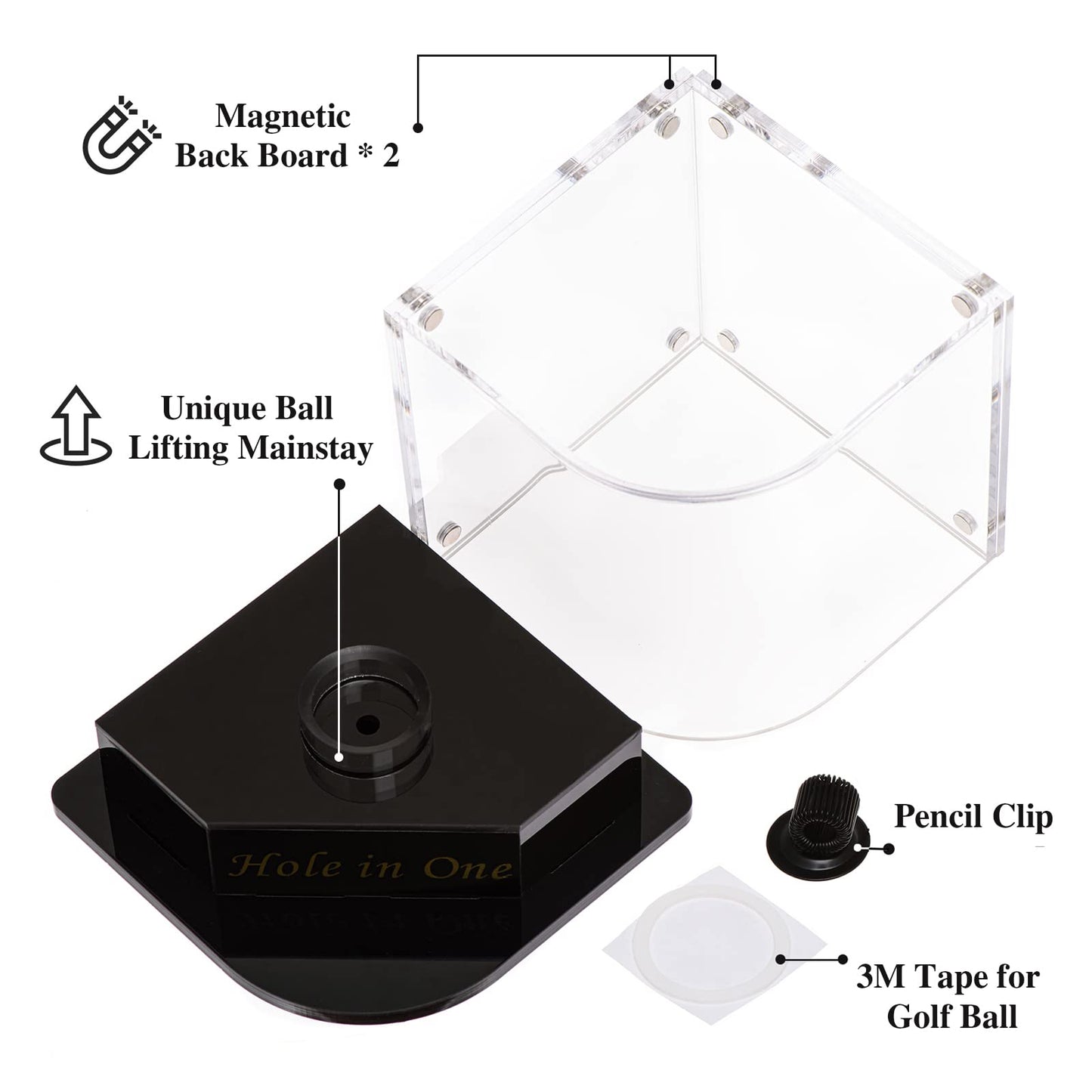 Golf Ball Display Case for Hole-in-One Golfer. Black Ball Throne with Golden Stamp. 2X Background Frames on Each Side of Cambered Cover. Pencil Holder, Glue Dots are All Included, No Assembly