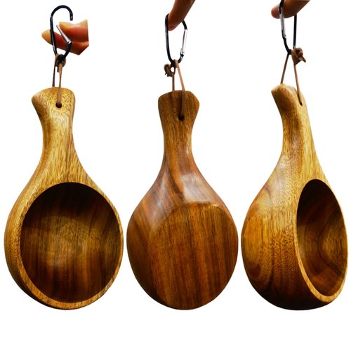 Sanrich Wooden Mug Kuksa Handcrafted Wood Camp Mug Survival Wood Cup Camping Cups & Mugs with Carabiner Leather Lanyard For Drinking Tea Coffee (8 ounces-tortoiseshell-no handle hole)