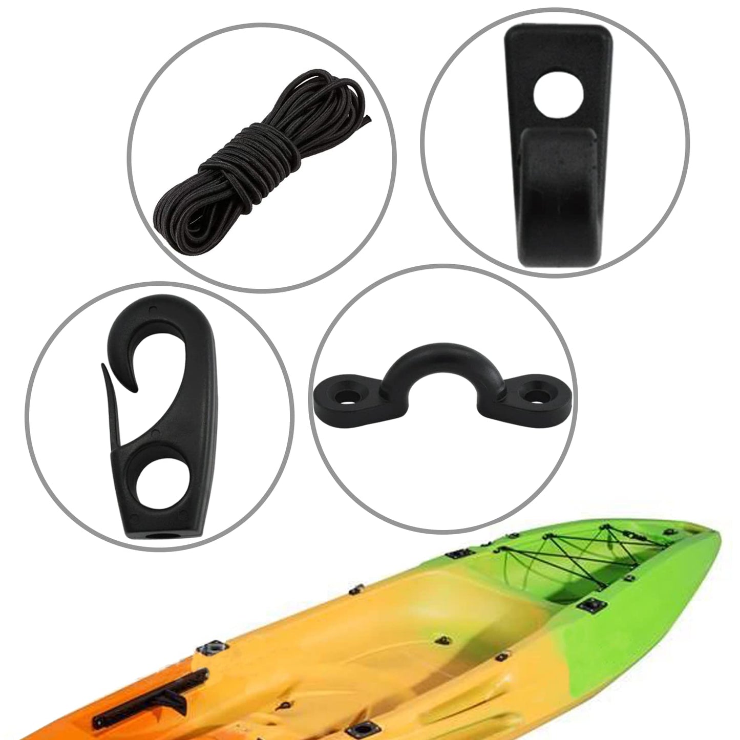 ISURE MARINE Kayak Deck Rigging Kit Accessory 8 ft Bungee Rope with Bungee Rope Ends Hooks, Tie Down Pad Eye, 6 J-Hooks with Screw for Boat Kayak Canoe
