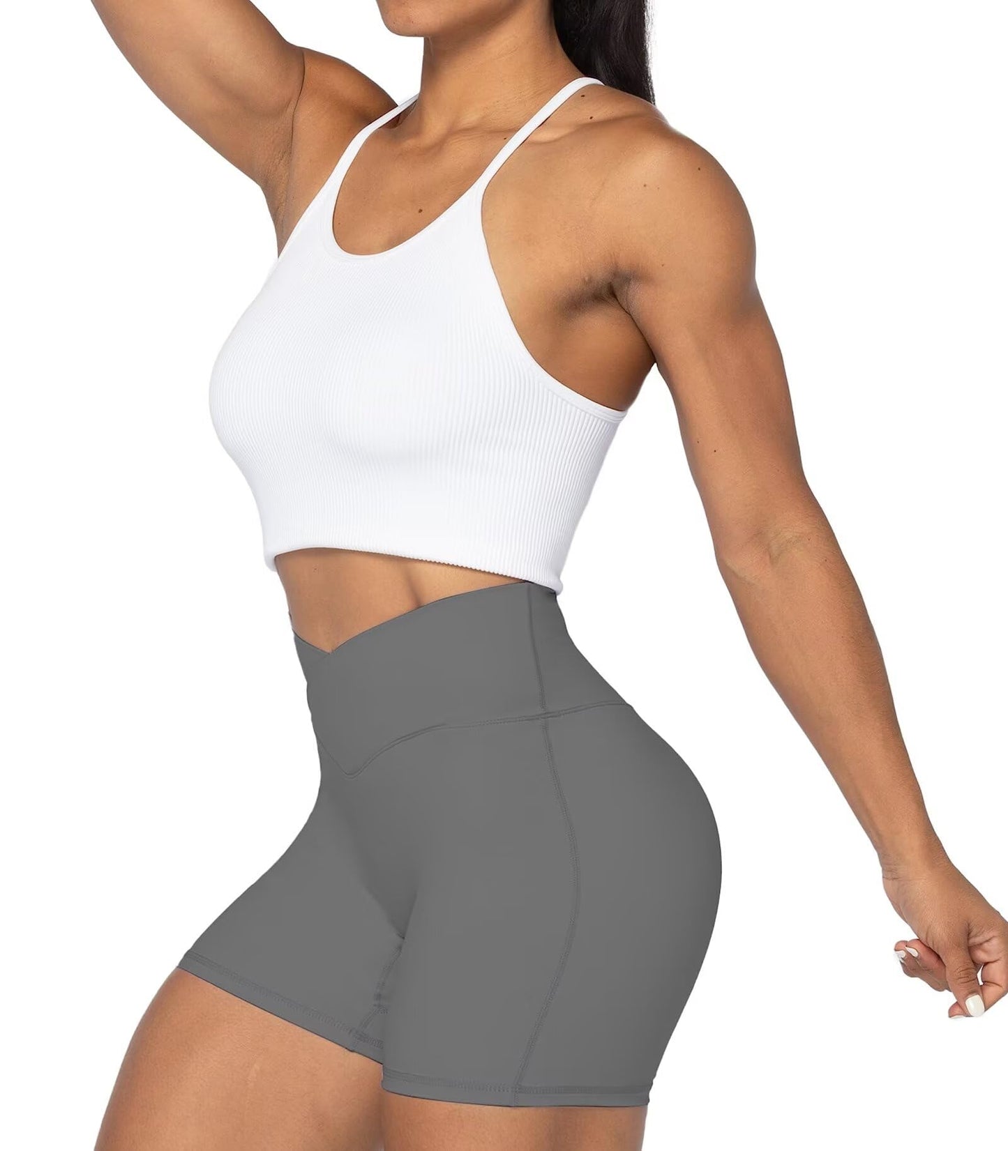 Sunzel Sunzfly Crossover Biker Shorts for Women, V Criss Cross High Waist Yoga Workout Gym Shorts with Tummy Control 4" Charcoal Gray X-Small