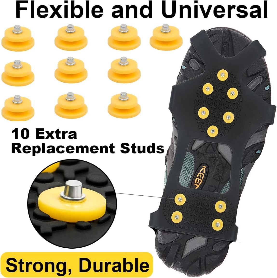 DUNCHATY Ice Cleats for Shoes and Boots, Snow Crampons with 20 Non-Slip Steel Studs, High Traction, Performs to -45C, Universal Sizes (M, L, XL) for Snow Walking, Ice Fishing, Hiking