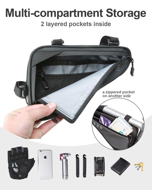 Danuosie Bike Frame Storage Bag, Water Resistant Bicycle Triangle Bag with Two Side Pockets, Reflective Under Seat Tool Accessories Pouch, Front tube Bag for Mountain Road Bike, MTB, 2L