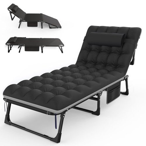 Suteck Camping Cot, 5+2 Positions Adjustable Reclining Folding Camping Cot Sleeping Bed Cots for Adults Outdoor Portable Chaise Lounge Chair W/Carry Bag Pillow Cushion for Home Nap Beach Travel