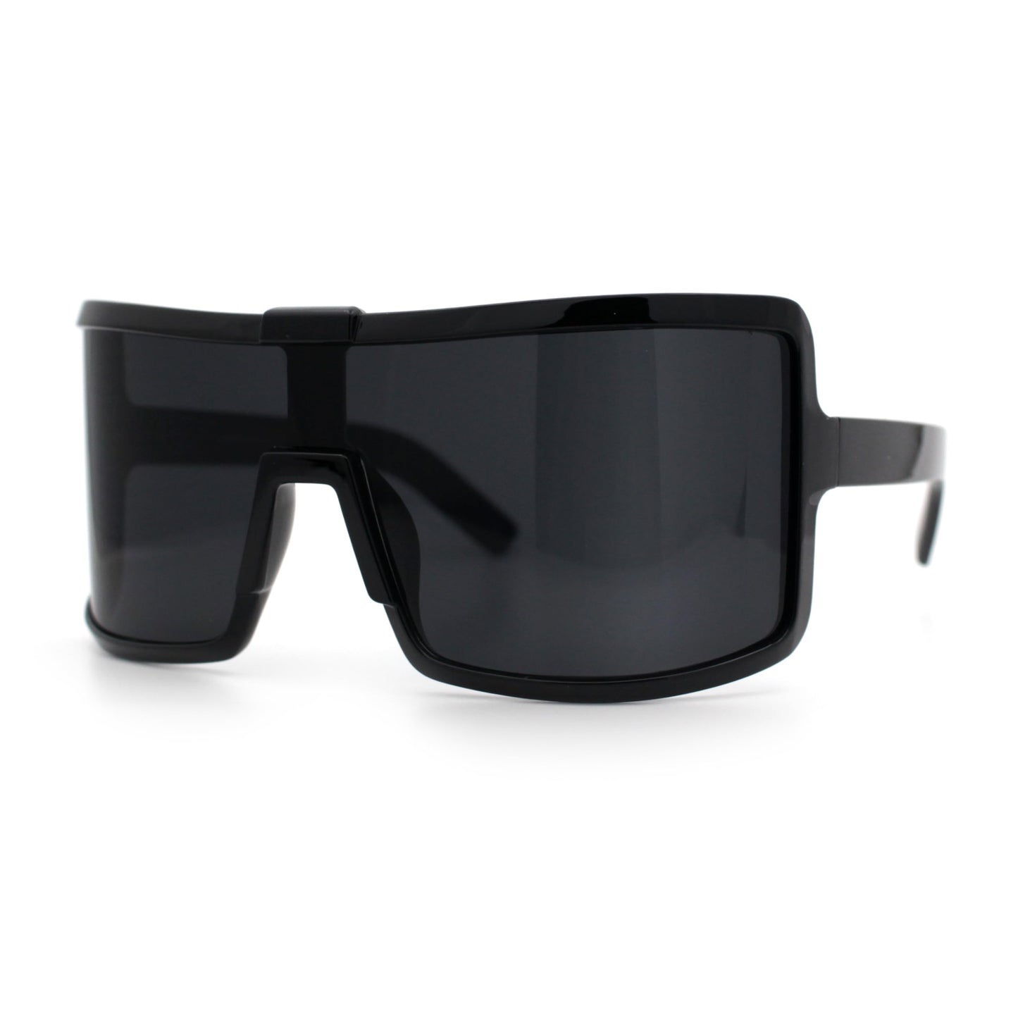 Fancy Large Oversized Curved Panel Monoblock Shield Sport Plastic Sunglasses All Black