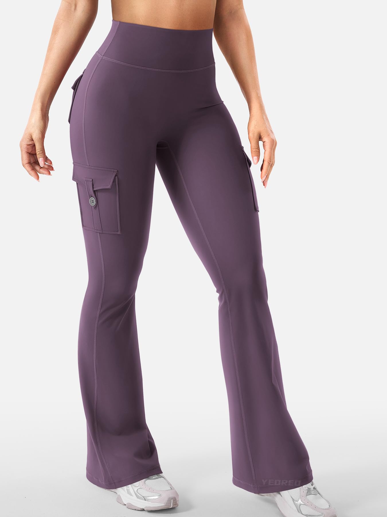 YEOREO CoreFlex Women Workout Flare Leggings with Pockets Hidden Scrunch Cargo Gym Yoga No Front Seam Leggings Black Berry Purple S