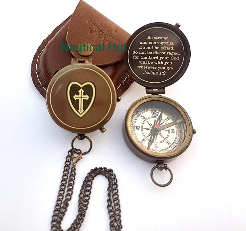 Be Strong and Courageous for The Lord Engraved Brass Antique Compass with Leather Case - Joshua 1:9 Brass Pocket Compass Camping & Hiking Compass for Birthday, Anniversary, Graduation, Baptism (XI)