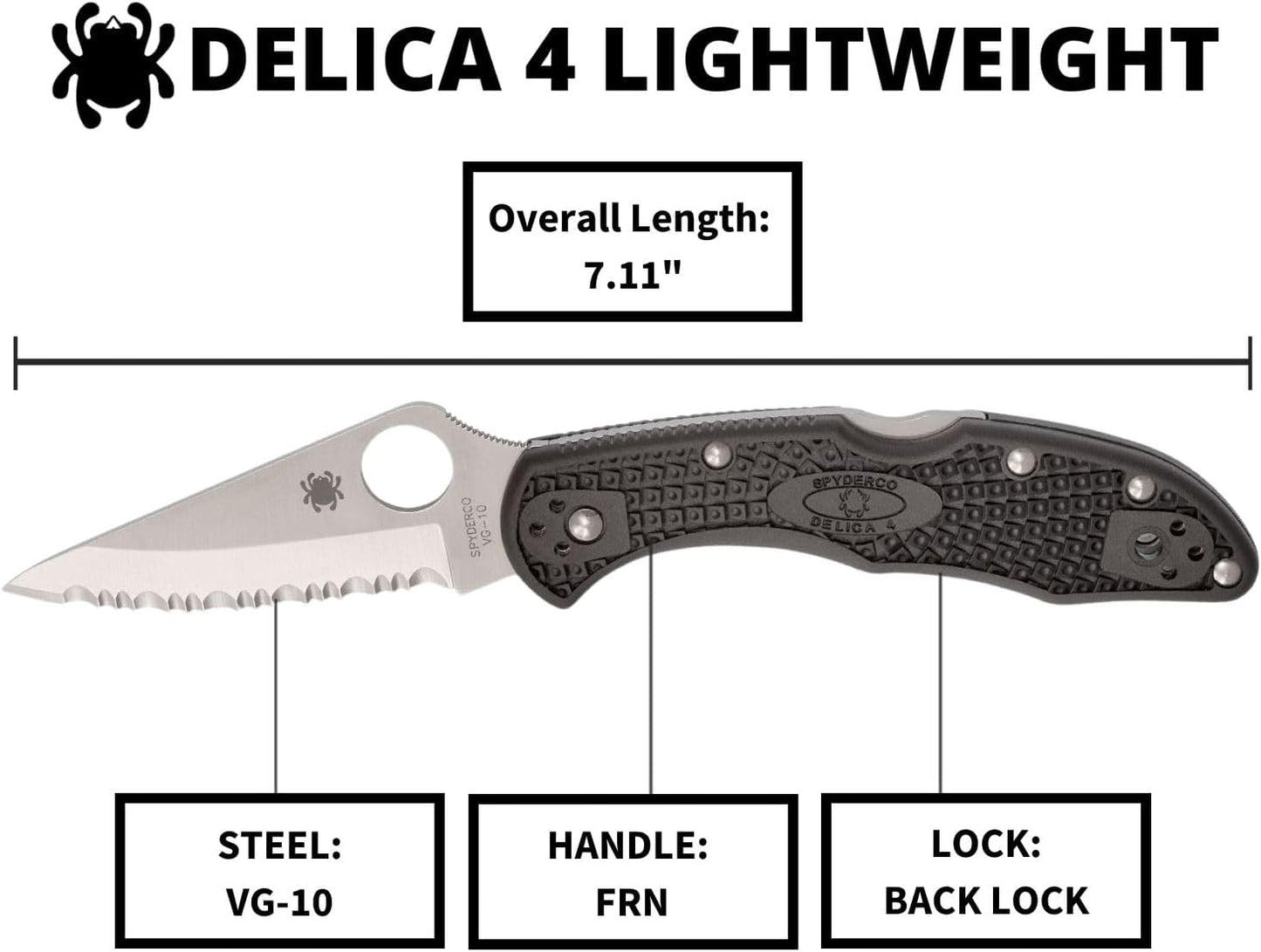Spyderco Delica 4 Lightweight 7.15" Signature Knife with 2.90" Saber-Ground Steel Blade and FRN Handle