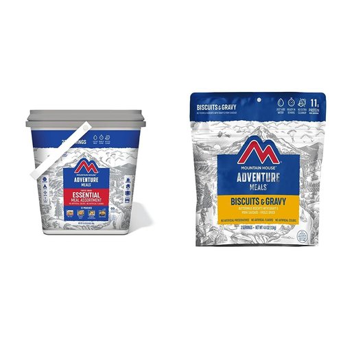 Mountain House Essential Bucket | Freeze Dried Backpacking & Camping Food | 22 Servings | Gluten-Free & Biscuits & Gravy | Freeze Dried Backpacking & Camping Food |2 Servings