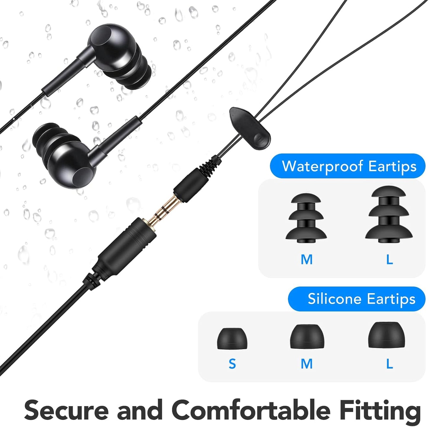 AGPTEK IPX8 Waterproof in-Ear Earphones, Coiled Cable Swimming Earbuds with Stereo Audio Extension Cable, Wired,Black