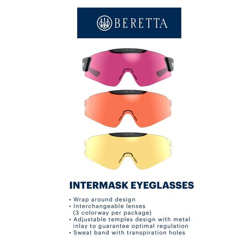 Beretta Intermask Wraparound Design Adjustable Temple Protective Shooting Eyeglasses with Interchangeable Lenses - Yellow & Magenta & Orange