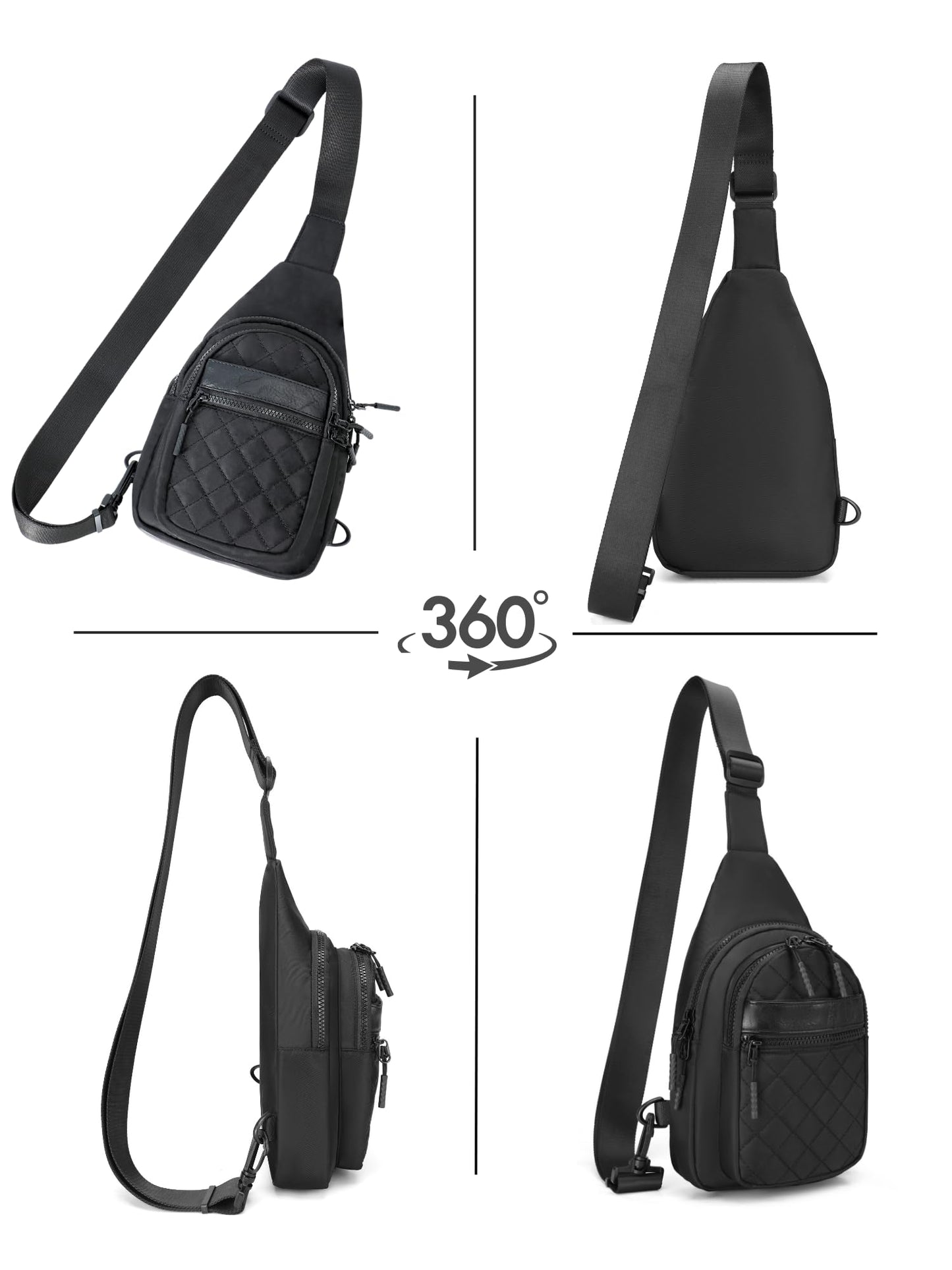 FORZAROCKET Sling Bag Double Compartment w/Long Strap 66" - Crossbody Bag w/Extended Strap - Women Men Fanny Pack - Two-Way Durable Zipper - Compact Sling Backpack - Plus Size Friendly, Black Quilted