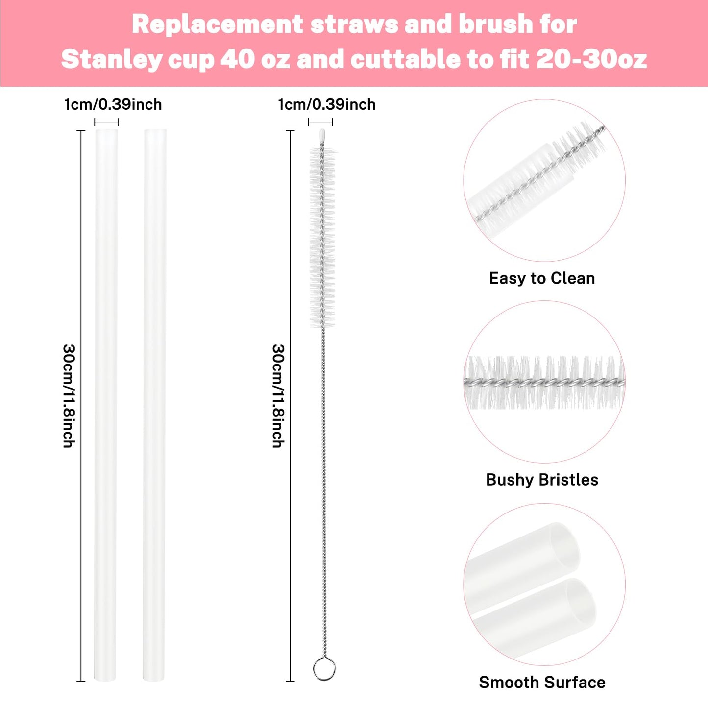 9PCS Cup Accessories for Stanley 40oz Tumbler Including 2 Straw Covers, 2 Replacement Straws, 1 Straw Brush, 1 Silicone Spill Proof Stopper set (Pink)