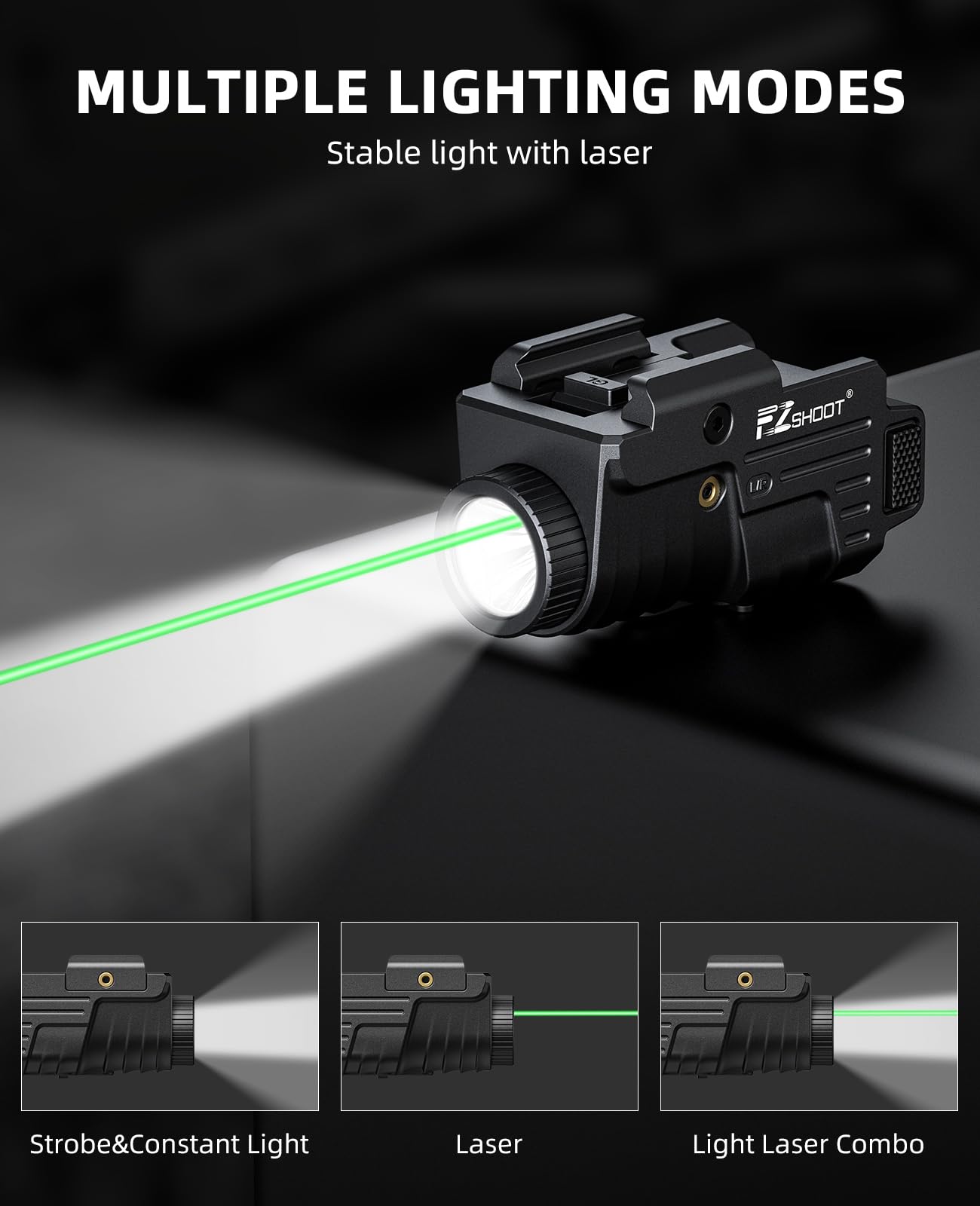 EZshoot 800 Lumens Pistol Light Laser Combo Rechargeable, Pistol Flashlight with Slidable Rail Compatible with Glock and Picatinny Rail, Tactical Flashlight with Green Laser Beam