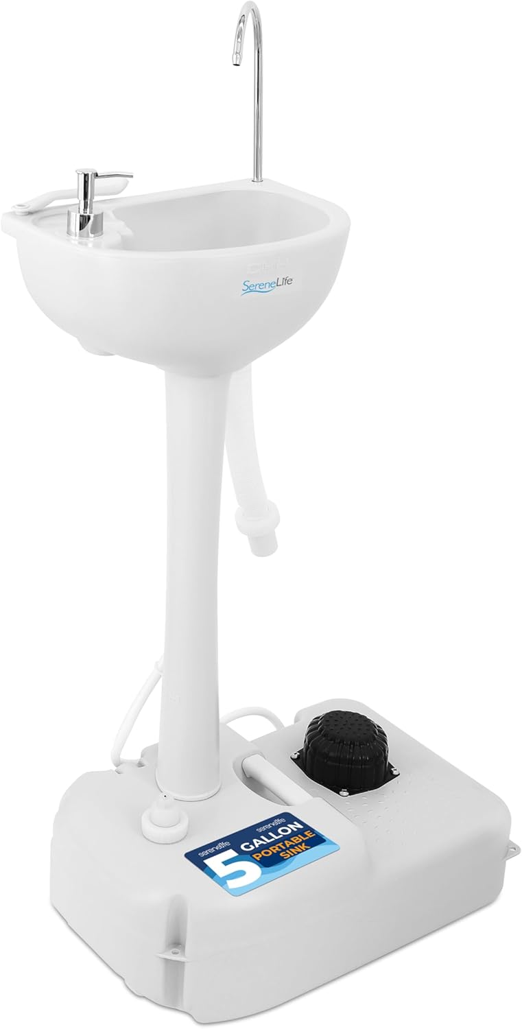 SereneLife Portable Camping Sink with 19L (5+ Gallon) Water Tank, Hands-Free Foot Pump, Soap Dispenser & Towel Holder, Compact Design with Carry Handle – Perfect for Camping, Worksites, Outdoors