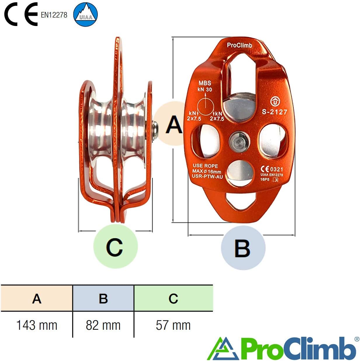 30kN Large Aluminum Rope Pulley - Single/Double Sheave, CE/UIAA Certified