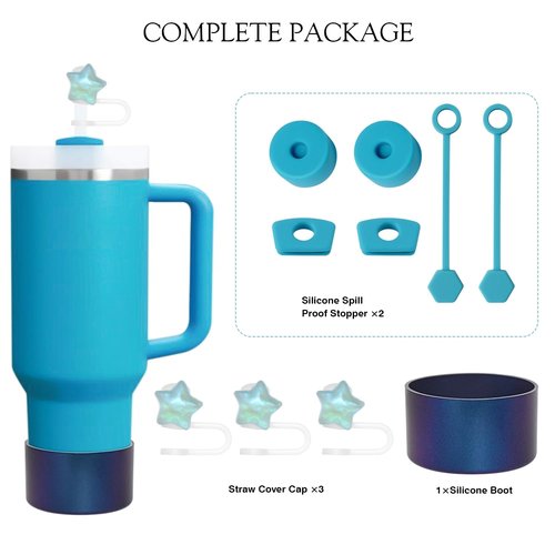 Silicone Anti Spill Leak Proof Stopper Kit for Stanley Cup 30oz & 40oz with Straw Covers, Chroma Metallic Tumbler Boot and Glitter Star Straw Cover For Azure/Plum/Green Stanley Cup Accessories (Azure)