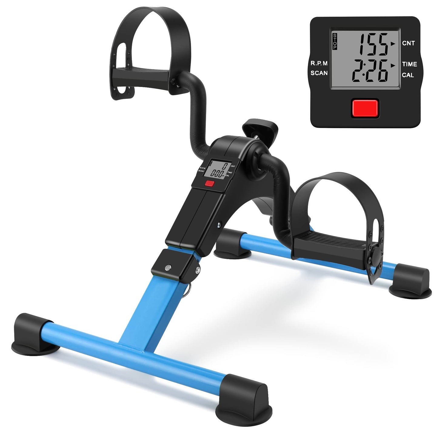Folding Pedal Exerciser Mini Exercise Bike Portable Peddler Arms and Legs Low Impact Workout Bike with LCD (Blue)