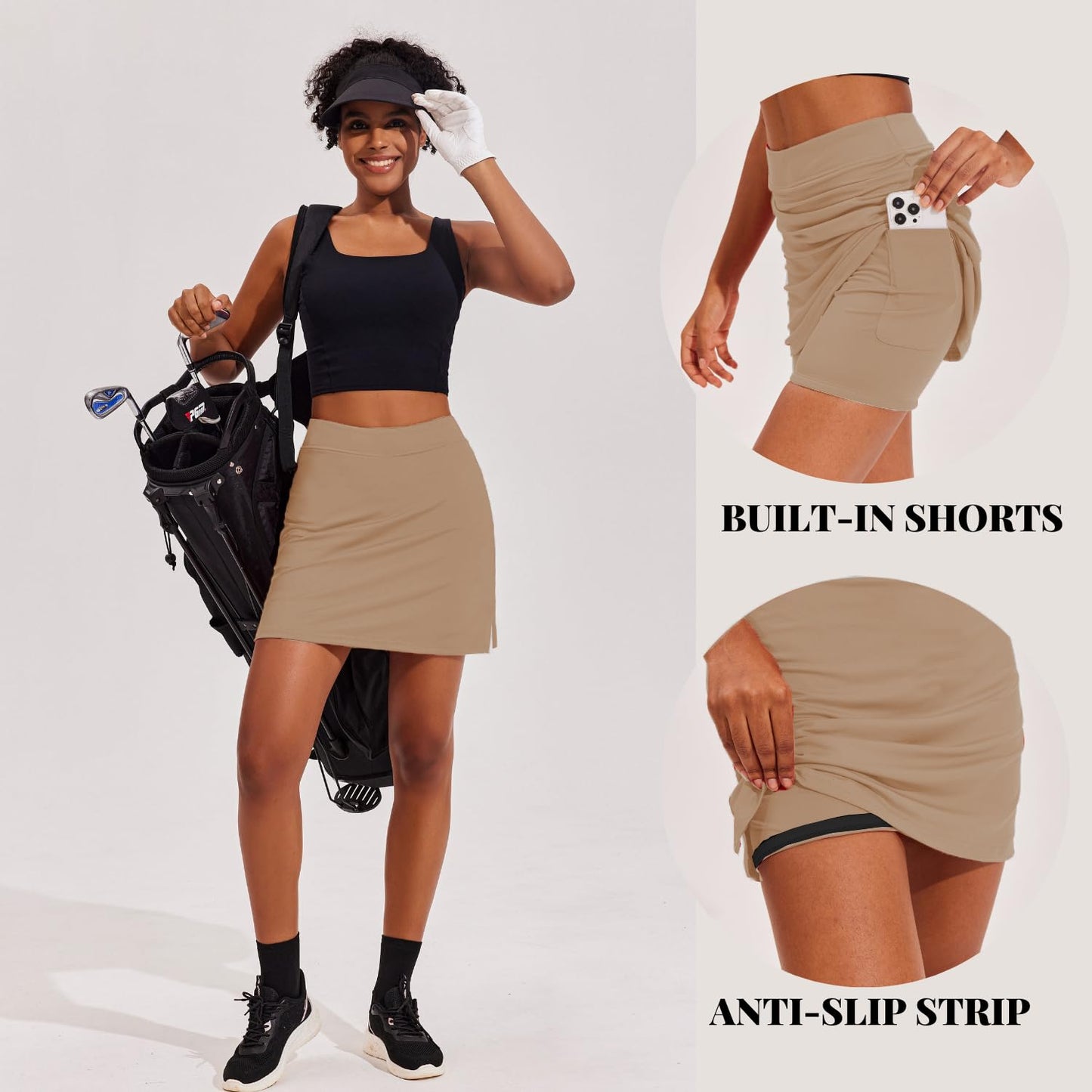 Ekouaer High Waisted Skort for Women 16 Inch Silicone Grippers Golf Skirts for Woman Workout Skirt Tennis Skirt,Khaki Small