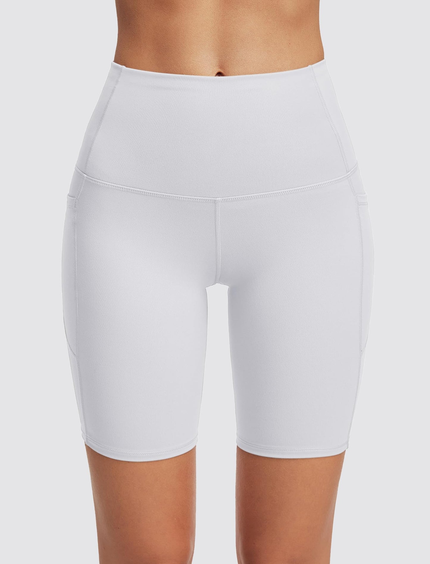 kakola Womens Biker Shorts Tummy Control with 2 Pockets High Waisted Hiking Workout Shorts White