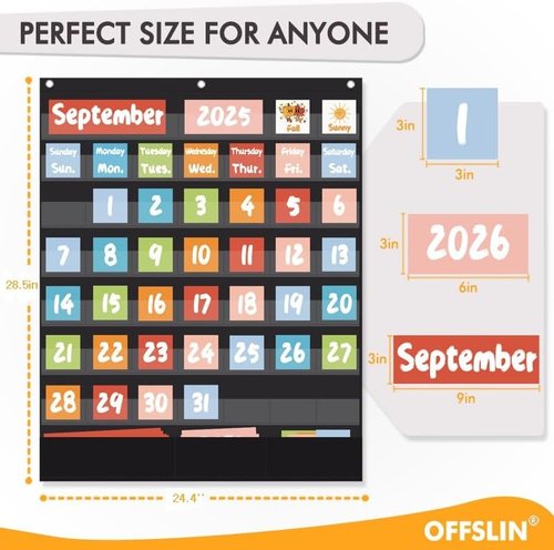 Classroom Calendar Pocket Chart with 84pcs Cards, Kids Calendar Pocket Chart for Classroom Decor, Circle Time Learning Center, School Homeschool Supplies (Black A)