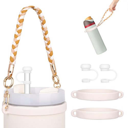 HEYSKAY Water Bottle Handle with Braided Strap for Stanley 12-40OZ Tumbler Water Bottle Strap for Carrying Owala Flask 24-40oz Stanley Cup Accessories with 2PCS Silicone Straw Covers