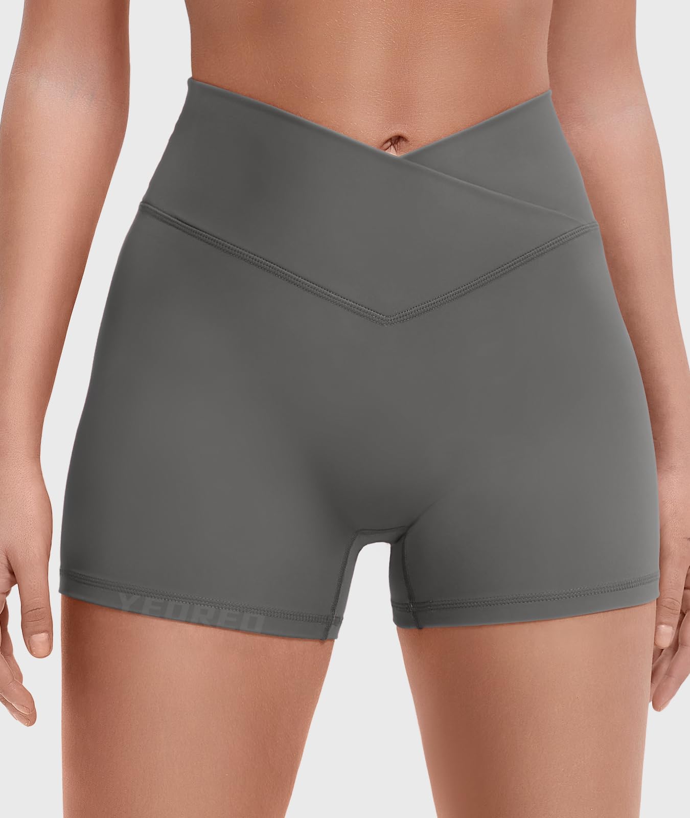 YEOREO Gym Workout Shorts for Women High Waisted Tummy Control Hidden Scrunch 4.5" Booty Shorts Julissa Cross Waist Yoga