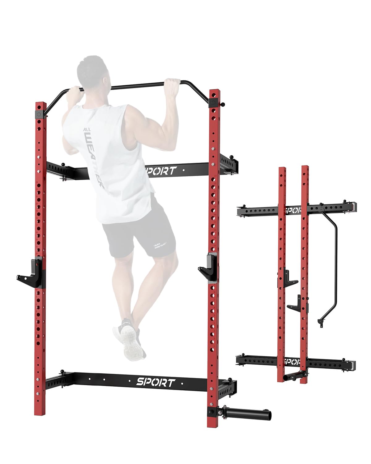 Folding Squat Rack Wall Mounted for Home Gym Garage, 1000 Pounds Capacity, 2.36" x 2.36" Power Rack with Pull Up Bar, J-Hooks and 360° Landmine