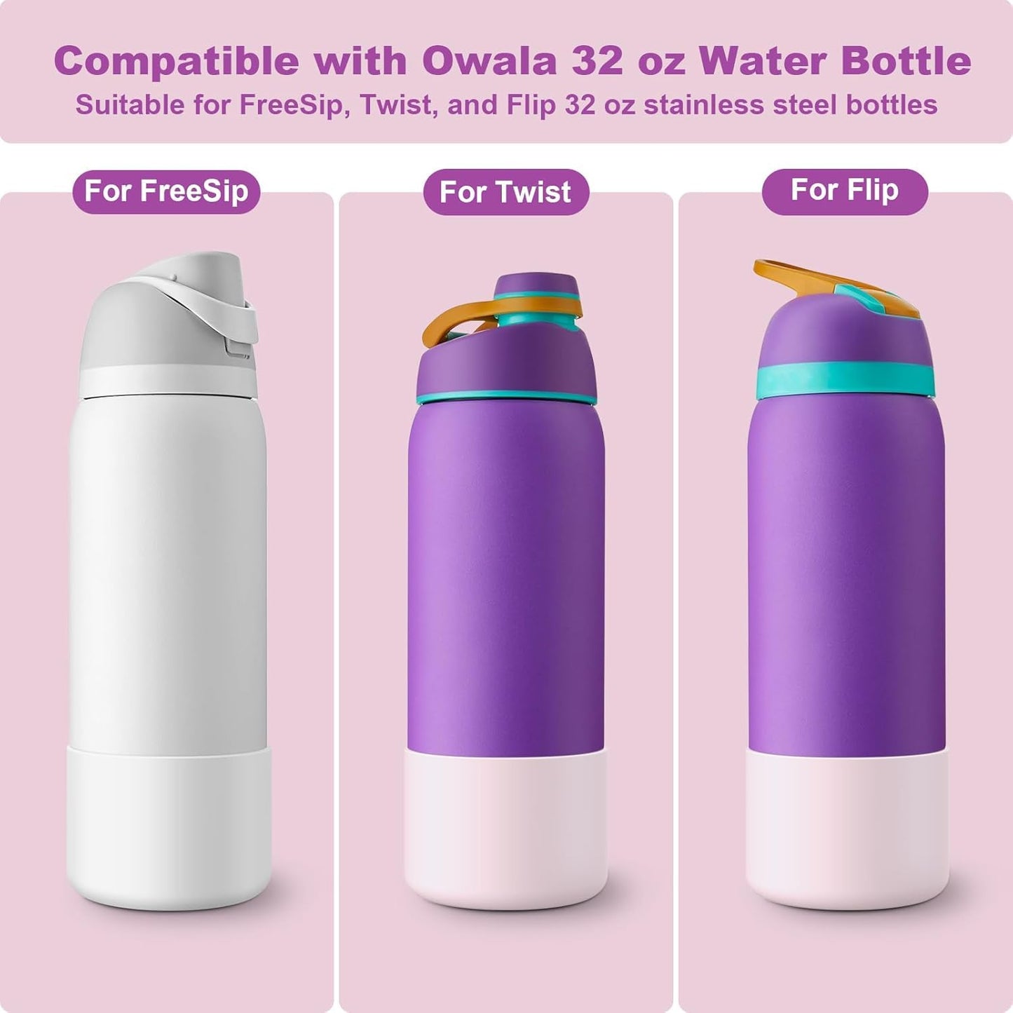 Alwenid 2PCS Silicone Water Bottle Boot for Owala 32 Oz, Anti-Slip Protective Sleeve Bottom Bumper Protector for FreeSip, Twist, and Flip Stainless Steel Water Bottles (Pink)