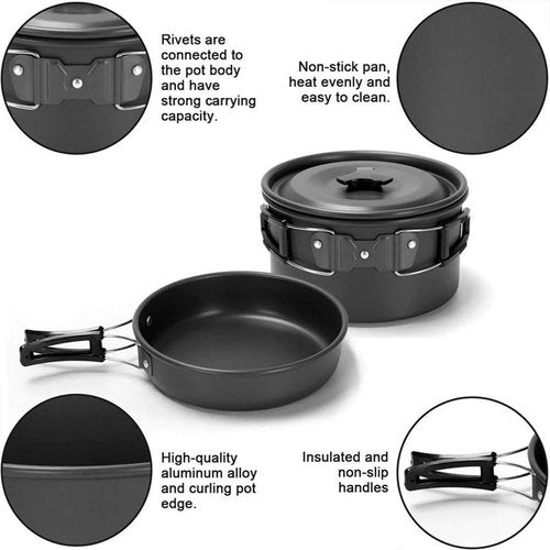 BIUMALL Camping Cookware Set Lightweight Portable Pot Pan Kettle Cups Spoon Fork Cutter with Carry Bag for Camping, Backpacking, Outdoor Cooking and Picnic