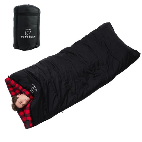 PO PO BEAR Zero Degree Sleeping Bag for Adults 100% Cotton Flannel Tall and Big (Black, 84" x 40" Left Zip)