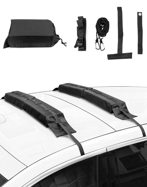 QWORK Universal Car Roof Rack Pads - Cargo Carrier Protector, Luggage Carrier System for Kayaks, Surfboards, Canoes, SUP, Snowboard- with 16 Ft Waterproof Tie-Down Straps & Storage Bag
