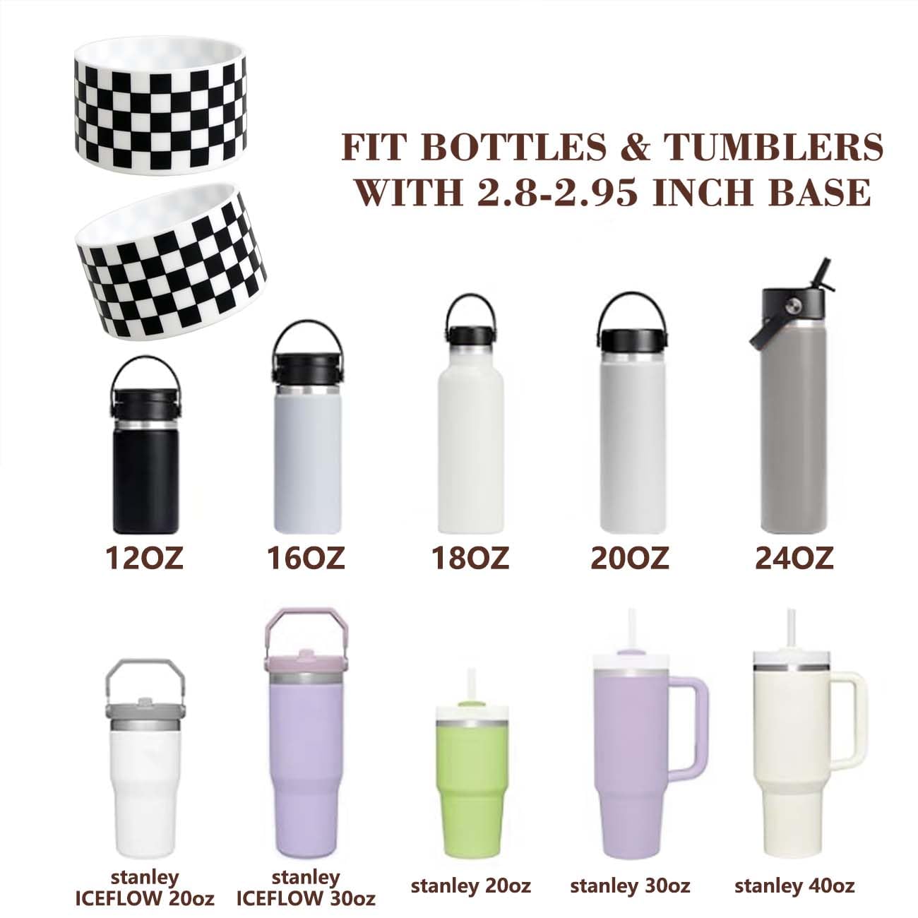 GENLEAS 2 PCS Checkered Pattern Protective Silicone Boot Cover for Stanley Cup 20oz-40oz, for Hydro Flask Water Bottle 12oz-24oz, Anti-Slip Sleeve for Bottles/Tumblers with 2.88-2.97in Bottom