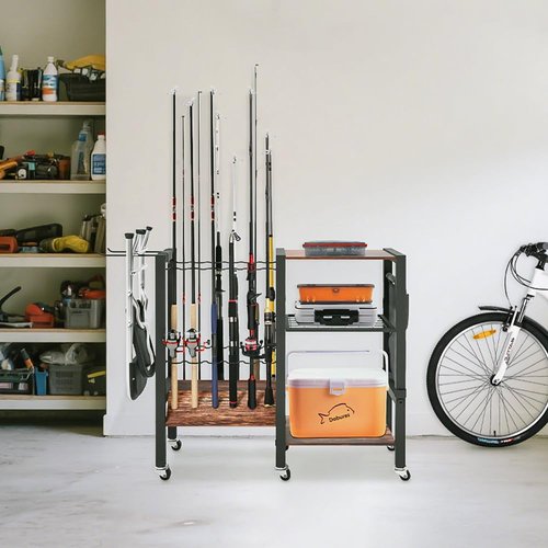 Dobures Fishing Rod Holder, 3-Tier Fishing Pole Rack, Fishing Equipment Organizer Tackle Storage Cart for Garage Organization, Holds up to 12 rods