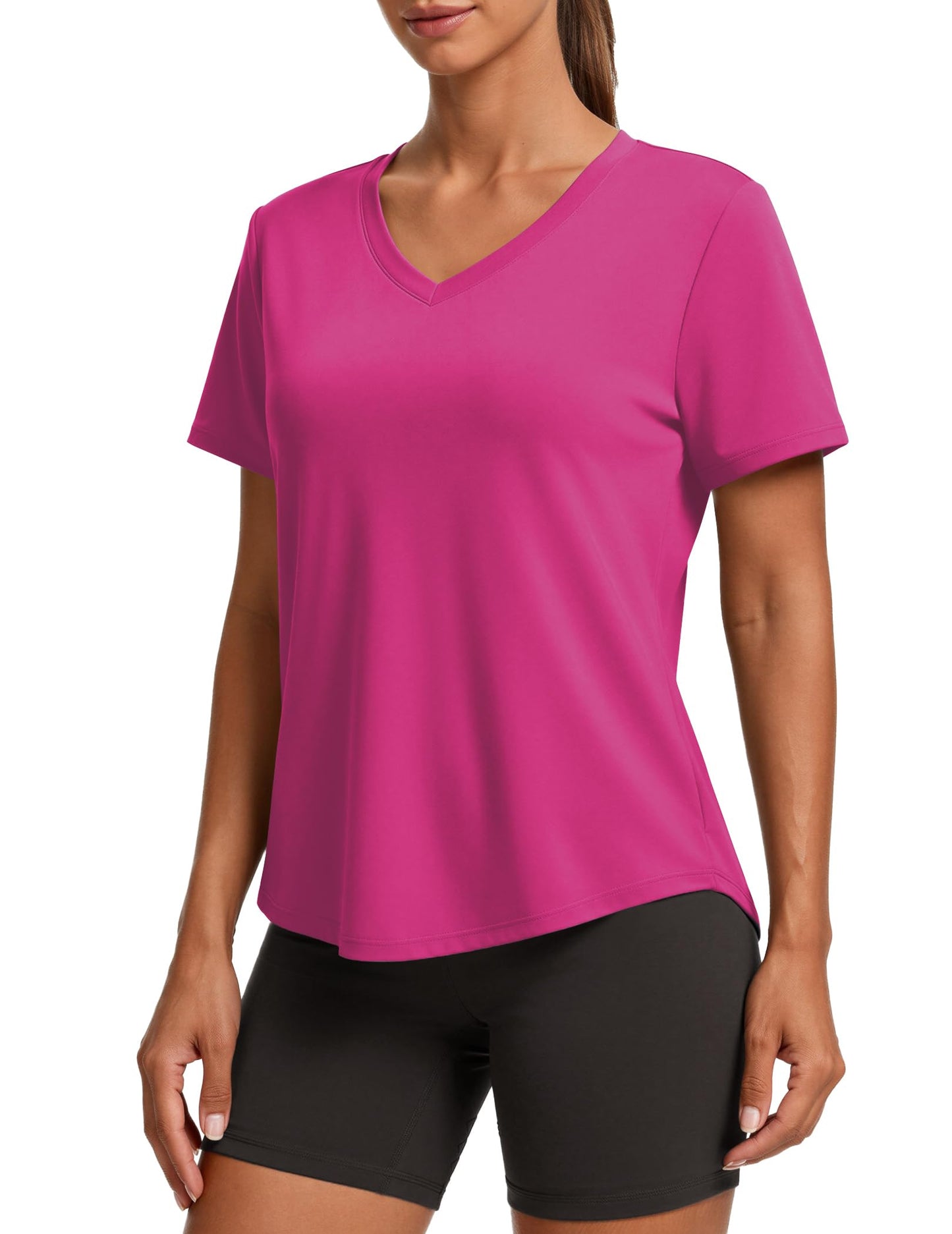 PINSPARK Womens Running Tops Short Sleeve V Neck Quick Dry Athletic Shirts Moisture Wicking Gym Workout T-Shirts Lightweight,Hot Pink Small