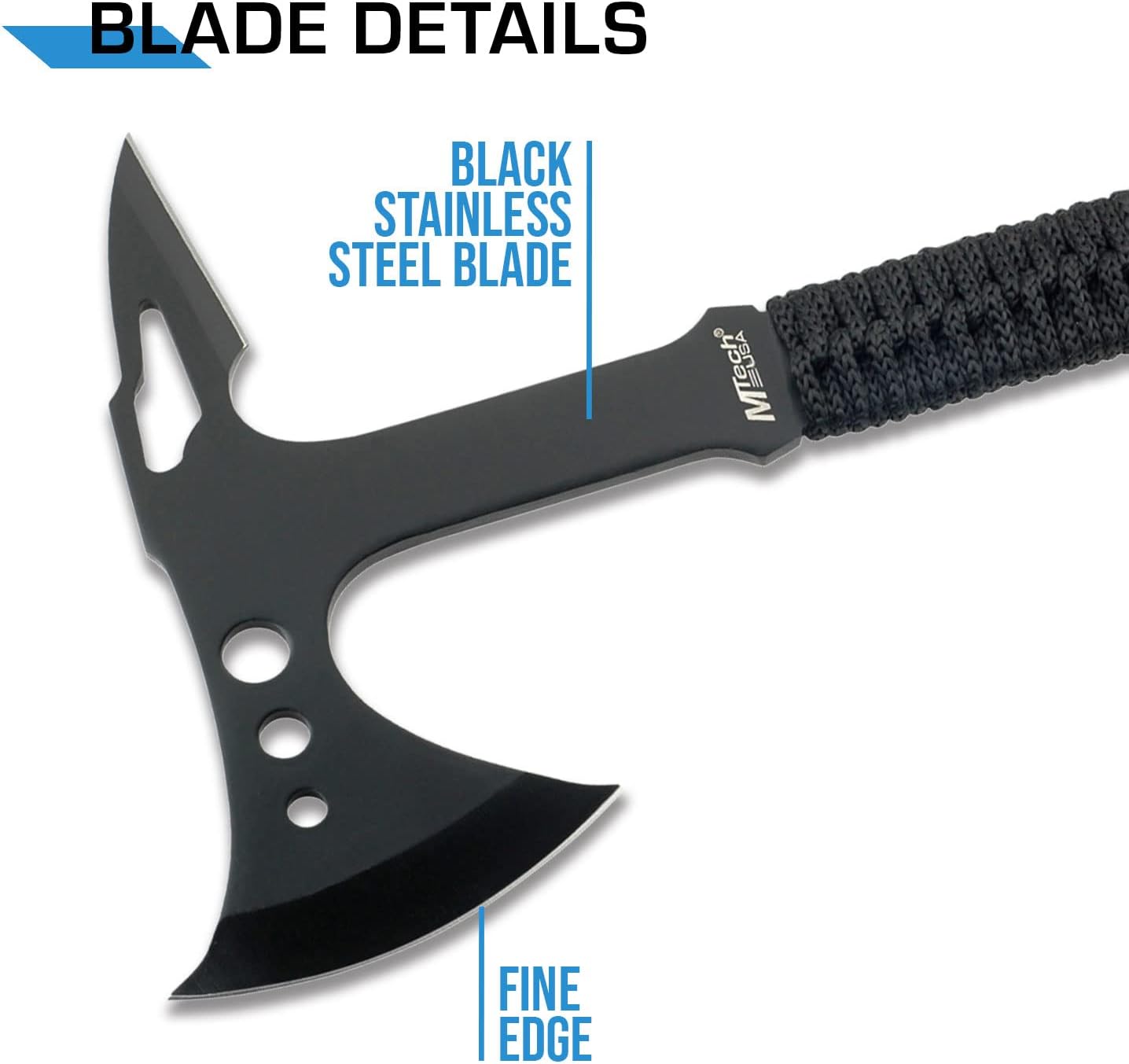 MTech USA MT-AXE8 Camping Axe, Black Stainless Steel, Cord Wrapped Handle, 15-Inch Overall