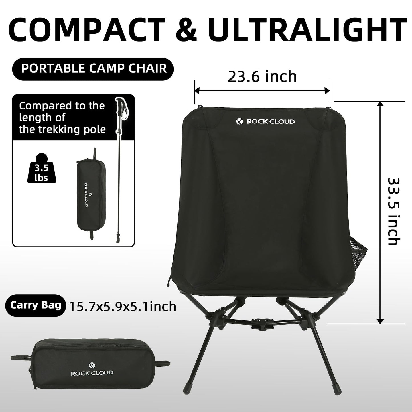 ROCK CLOUD Lightweight Portable Camping Chair Ultralight Folding Chairs Large-Size Outdoor for Camp Hiking Backpacking Lawn Beach Sports, Black-Large