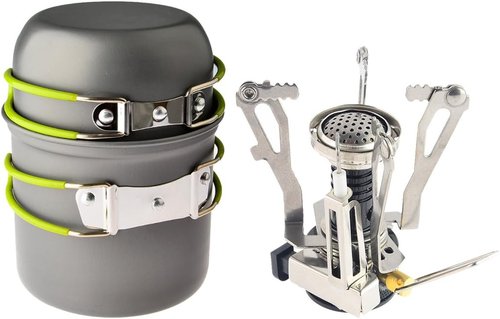 Backpacking & Camping Stoves, Petforu Ignition Canister Stove + Campfire Cookware Pots & Pans Camp Kitchen Cooking Tool Set